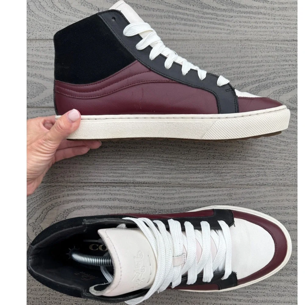 Coach C115 High Top Sneakers Mens 9.5D Burgundy Black White Leather G1386